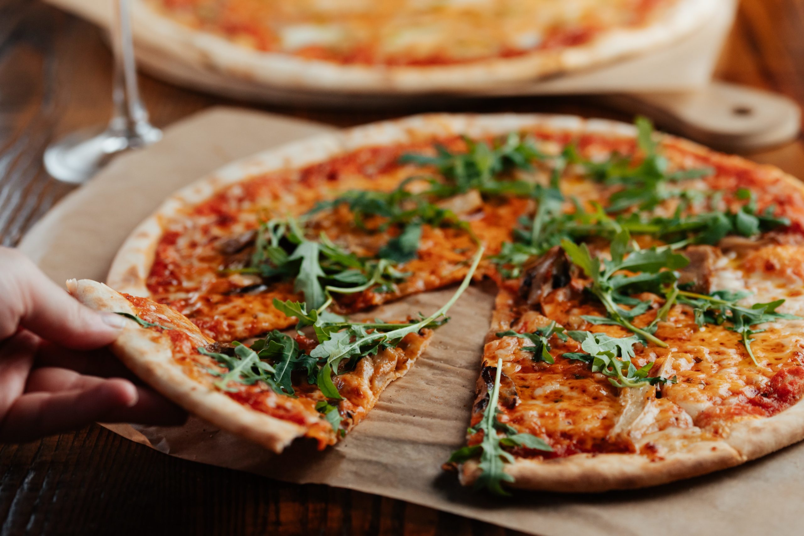 Magic Mushroom pizza with wild mushrooms, confit garlic, rocket, truffle oil